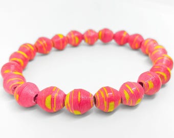 Bright Yellow & Pink Paper Bead Stretch Bracelet; Handmade