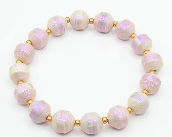 Handmade Recycled Paper Bead Stretch Bracelet, Iridescent White