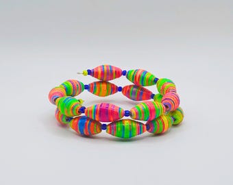 Handmade Paper Bead Memory Wire Cuff Bracelet — Colorful, Eco‑Friendly, One‑of‑a‑Kind