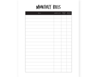 Monthly Bills List • Instant Download • Money Management •  Download Once—Print Infinitely! • Organization