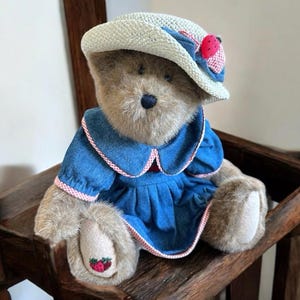 Vintage Boyds Pamela Patchbeary 16&quot; Plush Jointed Teddy Bear Denim Jean Dress Straw Hat