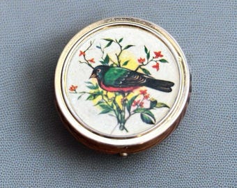 Vintage Bird floral Pill Box Insert Round Gold Tone Metal Made Hong Kong Painted