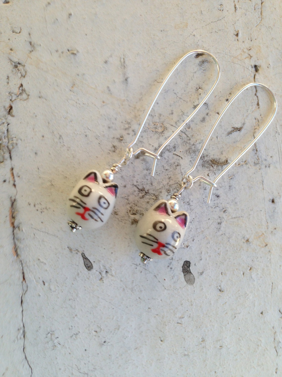 Dangle Cat Earrings. Michevious. Handpainted 11.5mm Porcelain Etsy