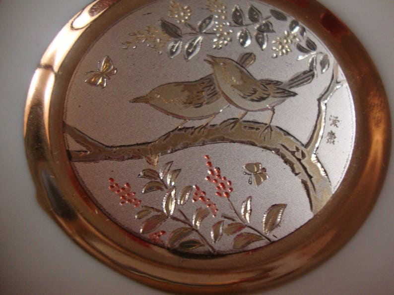 Chokin the Art of Chokin 24k Gold Edged 4 Plate Bird With Tree and