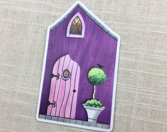 Fairy Door Cottage House Vinyl Sticker Pink Purple Topiary Tree Black Bird Die Cut 4x2 3/8ths inches From Hand Painted Fairy Door House