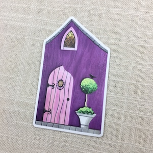 Fairy Door Cottage House Vinyl Sticker Pink Purple Topiary Tree Black Bird Die Cut 4x2 3/8ths inches From Hand Painted Fairy Door House image 1