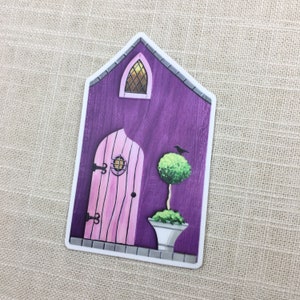 May include: A purple fairy house with a pink door, a small window, and a topiary tree with a bird perched on top.