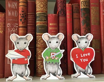 Monty Mouse Bookmarks Stand or Flatten,  Double Sided with Sword, Airplane, or Heart, Mascot Cartoon Book Whimsy