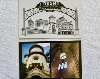 Fresno California Postcards, Van Ness sign and Fresno Water Tower with exterior and interior views