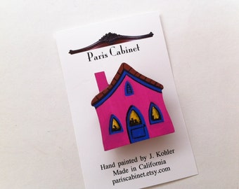 Pink House Brooch Pin Hand Painted on Wood by Paris Cabinet