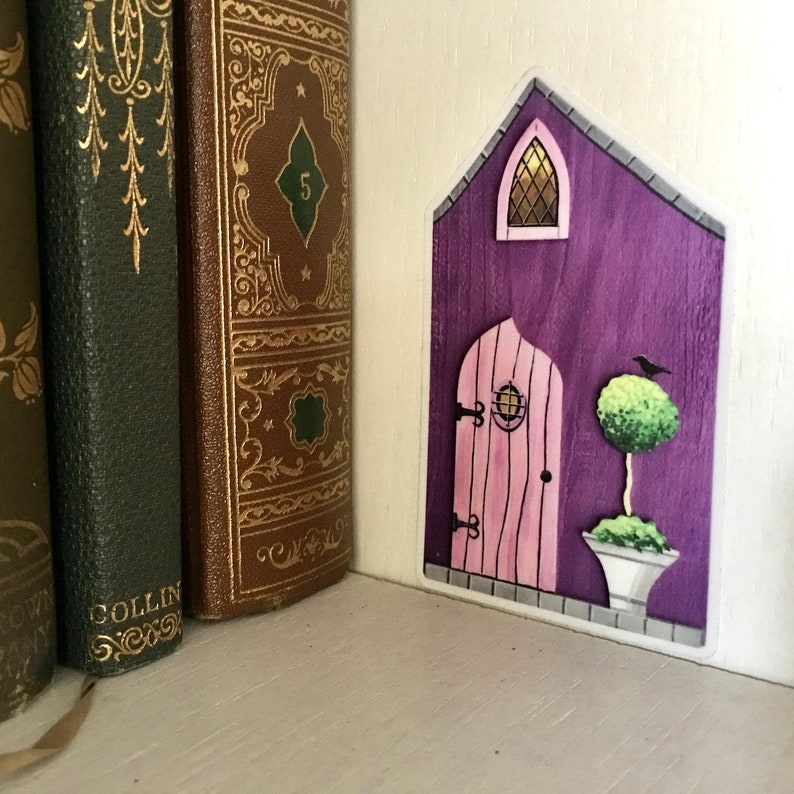 Fairy Door Cottage House Vinyl Sticker Pink Purple Topiary Tree Black Bird Die Cut 4x2 3/8ths inches From Hand Painted Fairy Door House image 3