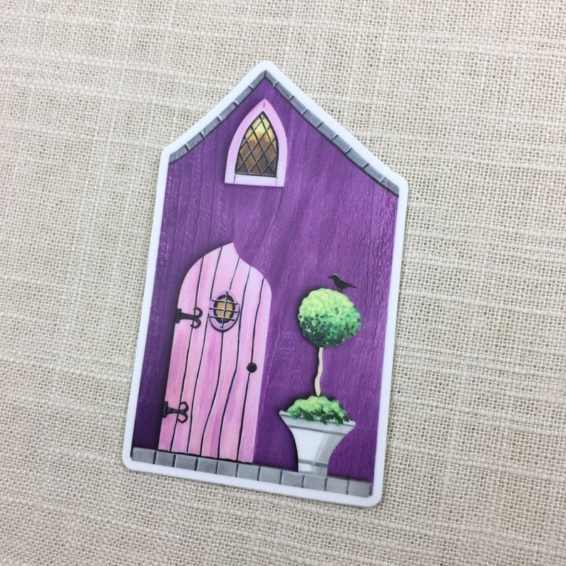 Fairy Door Cottage House Vinyl Sticker Pink Purple Topiary Tree Black Bird Die Cut 4x2 3/8ths inches From Hand Painted Fairy Door House image 1