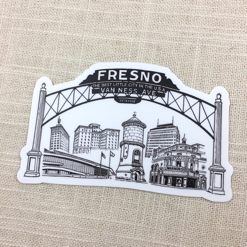 Fresno Van Ness Avenue Vinyl Sticker Die Cut 4 inches wide 2.5 inches tall Fresno, California Landmark Buildings and Clovis image 1