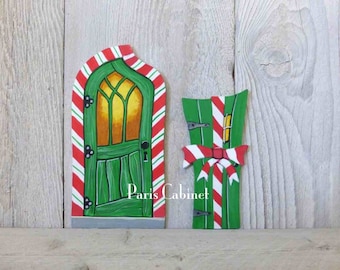 Christmas Elf Door Choose Candycane or Ribbon Trim Miniature Santa Elf Door Art Acrylic Painting on Wood