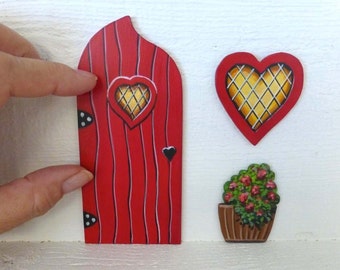 Set of Red Door Heart Window and Flower Pot Magical Fairy Doors Hand Painted on Wood Art Acrylic Painting #132