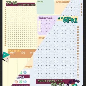 Puede incluir: Un planificador semanal con un esquema de color azul claro, amarillo y morado. El planificador incluye una lista de tareas pendientes, una sección para citas, afirmaciones y notas. El planificador también incluye una sección para la planificación diaria con un tema de dados.