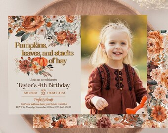 Editable Little Pumpkin Birthday Invitation with Photo: Floral Pumpkin Patch Party, Fall Birthday, Instant Download, Corjl Template