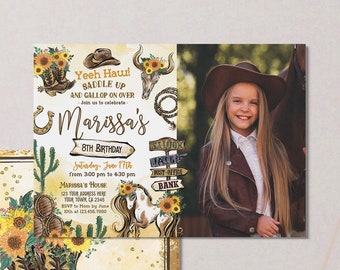 Cowgirl Invitation with Photo, Horse Rodeo Adventure: "Yeehaw & Saddle Up" for a Wild West Girl Birthday Celebration - Editable in Corjl