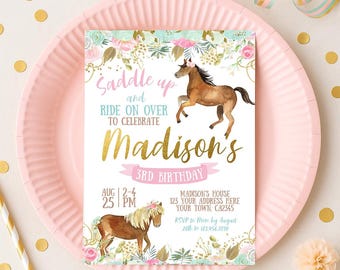 Floral Horse Birthday Invitation, Girl Cowgirl Party (INSTANT DOWNLOAD)