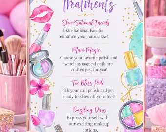 Bewerkbaar bord spa-feestbehandelingen, glitter-glamour-verjaardagsactiviteiten (digitale download)