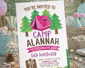 Convite de aniversário para festa de acampamento - Modelo editável, download instantâneo