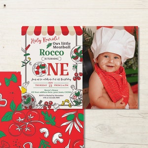 Convite de primeiro aniversário de pizza com foto, nossa pequena almôndega, convite de aniversário italiano, convite de chef, convite de almôndega de espaguete