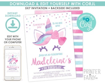 Unicorn Invitation, EDITABLE, Unicorn Birthday Invitation, Magical Party, Unicorn Invite, EDIT YOURSELF Digital Invitation, Instant Download