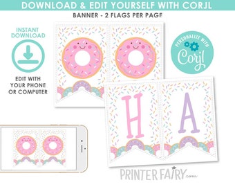 Donut  Banner, EDITABLE,Donut Printable Banner, EDIT YOURSELF, Donut Birthday Decorations, Sprinkles Party, Instant Download