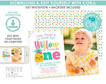 Pineapple First Birthday Invitation with Photo, EDITABLE, Pineapple Birthday Party, Luau Invitation, EDIT YOURSELF, Instant Download