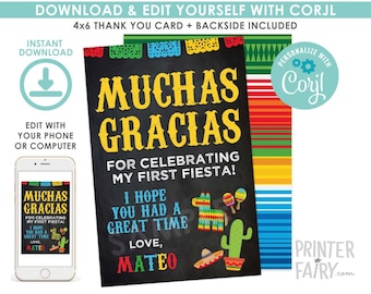 Fiesta Thank You Cards, EDITABLE, Cinco de Mayo, Fiesta Decorations, EDIT YOURSELF, Thank You Notes, Instant Download