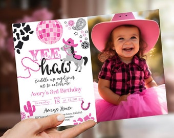 Cowgirl Birthday Disco Horse Photo Invitation, Digital Cowgirl Party Invite, Editable Disco Birthday Bash, Pink Rodeo Template