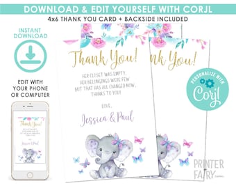 Elephant Thank You Cards, EDITABLE, Little Peanut Baby Shower, Elephant Thank You Notes, Floral, EDIT YOURSELF, Instant Download