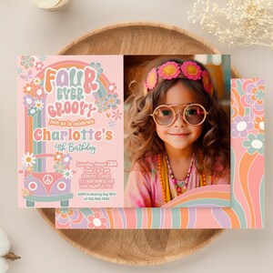 Editable Four Ever Groovy 4th Birthday Invitation with photo Daisy Birthday 70s Hippie Rainbow Invitation Digital Instant Download GR1