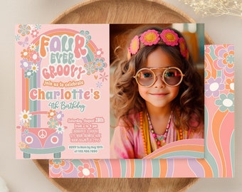 Four Ever Groovy 4th Birthday Invitation, 70s Hippie Rainbow (Digital Download)