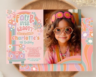 Editable Four Ever Groovy 4th Birthday Invitation with photo Daisy Birthday 70s Hippie Rainbow Invitation Digital Instant Download GR1