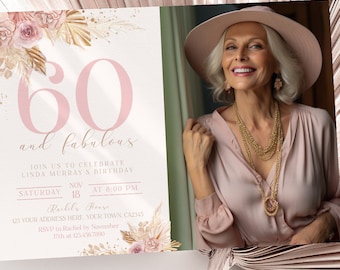 Convite de aniversário de 60 anos - Modelo editável com foto, download instantâneo