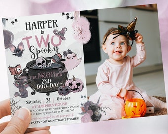 TWO Spooky Halloween Birthday Invitation with photo EDITABLE 2nd Boo Day Halloween Costume Party Pumpkin Invite Terrible 2 Instant Download