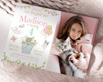 Invitación de cumpleaños con foto de gatito, fiesta en el jardín con temática de gatitos (editable)