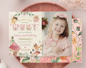 Editable Fairy 3rd Birthday Invitation with Photo: Fall Fairytale Party, Floral Fairy Garden Third Birthday Invite, Corjl Template