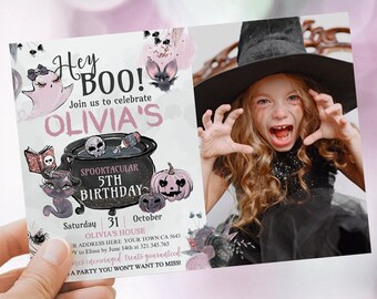 Halloween Birthday Party Invitation with Photo, EDITABLE, Party Brewing, Hey Boo, Halloween Party Invite, Costume Party, Instant Download