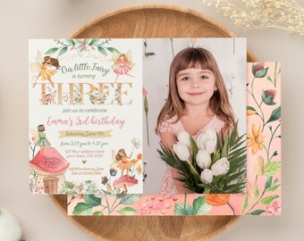 Editable Fairytale Party Third Birthday Invitation with Photo, Whimsical Fall 3rd Birthday Invite, Autumn Garden Fairy Floral, Magical Party