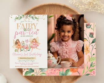 Editable Fairytale Partea Birthday Invitation with Photo, Whimsical Fall Birthday Invite, Autumn Garden Fairy Tea Party Floral for Girls