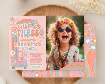 Editable Wild and Three Invitation with Photo 3rd Birthday Daisy Invite 70s Hippie Party Rainbow Invitation Digital Instant Download GR1