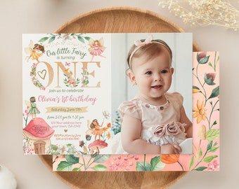 Editable Fairytale Party First Birthday Invitation with Photo, Whimsical Fall 1st Birthday Invite, Autumn Garden Fairy Floral, Magical Party