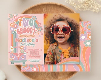 Editable TWO Groovy 2nd Birthday Invitation with photo Floral Daisy Invite 70s Hippie Rainbow Invitation Digital Instant Download GR1