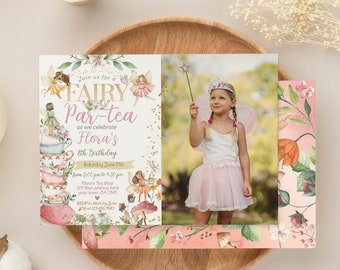 Editable Fairytale Partea Birthday Invitation with Photo, Whimsical Fall Birthday Invite, Autumn Garden Fairy Tea Party Floral for Girls