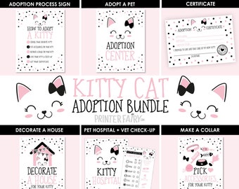 Kitty Adoption Bundle, Pet Adoption Center Full Pack, Pink, black & white, Kitty Birthday Party Activities, Digital, Instant Download