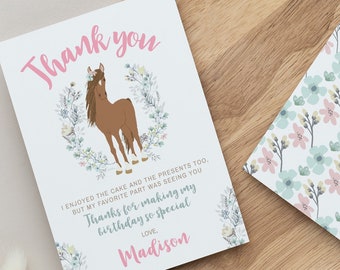 Floral Horse Birthday Thank You Card, EDITABLE, Pony Birthday, Cowgirl Party, Horse Birthday Party Thank You Card, Instant Download