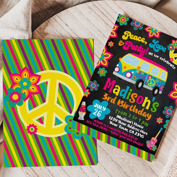 Editable Hippie Invitation, 60s Birthday Invitation, Groovy Invitation, Peace and love invitations, DIGITAL, Instant Download