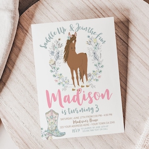 Horse Birthday Invitation, Cowgirl Invitation, Pony Party Invitation, Horse Invites, Floral Birthday Invitation, INSTANT DOWNLOAD image 1